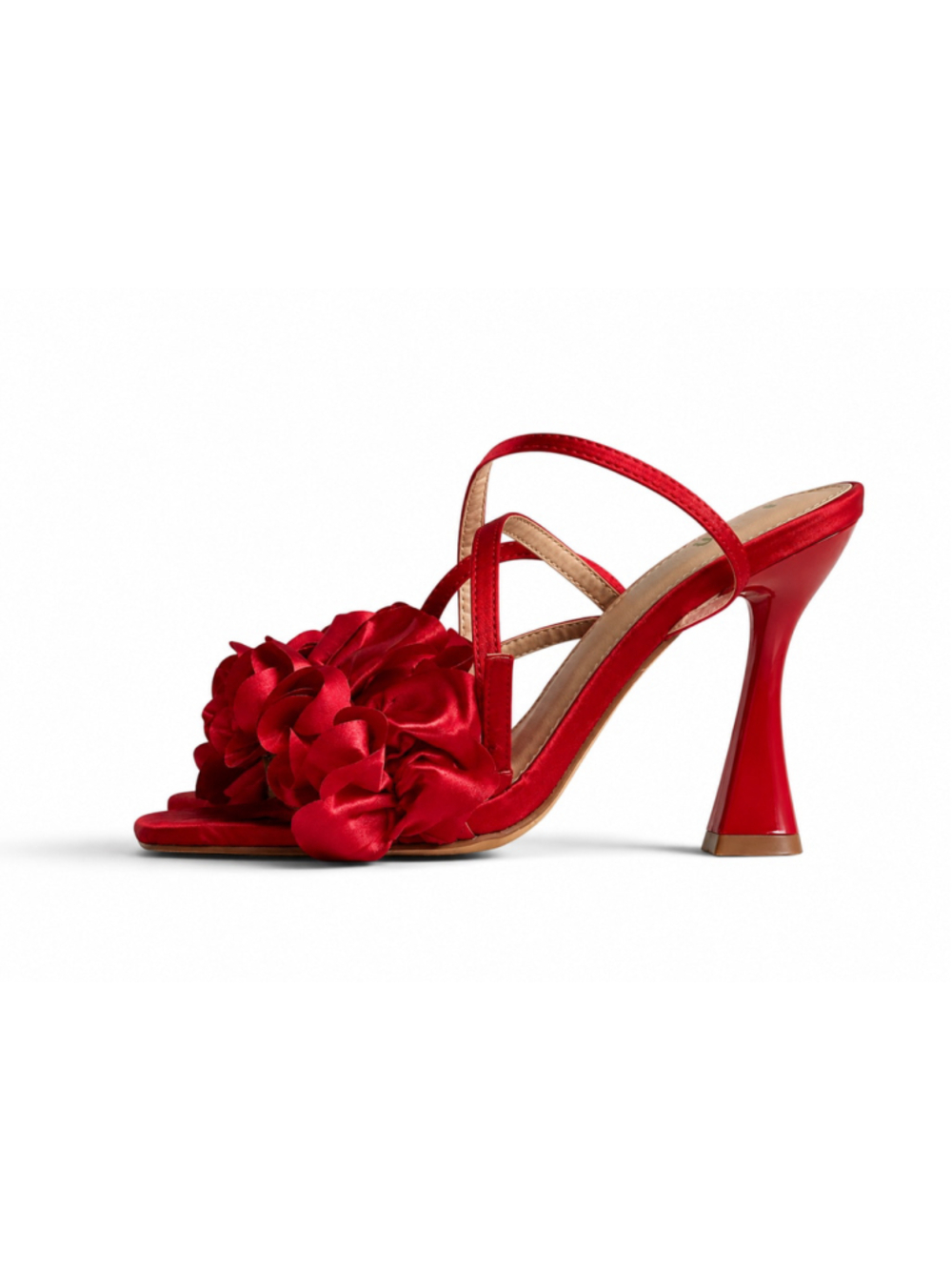 Lulus Red Satin Floral High Heel Sandals Women’s Size 5.5 Strappy Rosette Heels